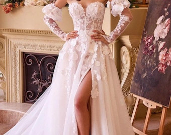 Off Shoulder A-Line Wedding Dress with Slit, Lace Appliqués, Sheer Corset Bodice, Detachable Sleeves