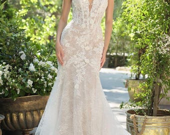 Strapless Mermaid Wedding Dress, Sheer Corset Bodice, Embroidered Lace Bridal Gown, Off White