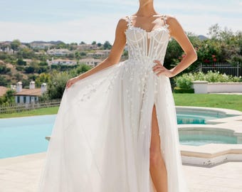 A-Line Corset Wedding Dress – Floral Lace, Tulle Skirt, Romantic Bridal Gown