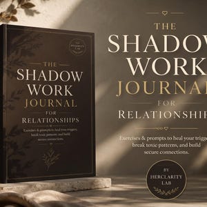 May include: A dark brown hardcover journal with gold lettering, titled "The Shadow Work Journal for Relationships". The cover features floral designs. The journal offers exercises and prompts to heal triggers and build secure connections.