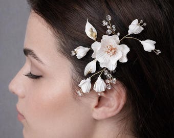 Peineta nupcial de porcelana con flores, accesorios para el cabello de boda, horquillas nupciales, tocado floral dorado y marfil, tocado nupcial bohemio.