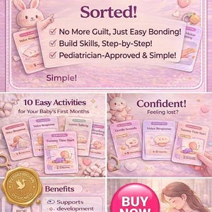 Puede incluir: Una infografía rosa y blanca para bebés de 0 a 3 meses. Presenta un conejito, tarjetas con actividades y texto como "No más culpa" y "Aprobado por pediatras". La imagen promueve el desarrollo y la vinculación del bebé.
