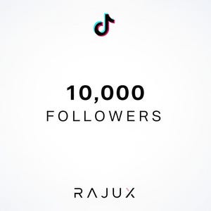 May include: Image with the TikTok logo at the top, followed by the text "10,000 FOLLOWERS" in a bold, sans-serif font. The brand name "RAJUX" is at the bottom. The background is a gradient of white to light gray.