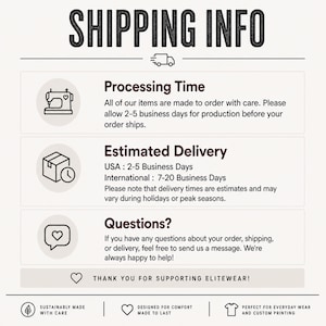 May include: An informational graphic titled SHIPPING INFO with three sections: Processing Time, Estimated Delivery, and Questions. Icons include a sewing machine, a box with a clock, and a speech bubble with a heart. Text details production and delivery timelines.