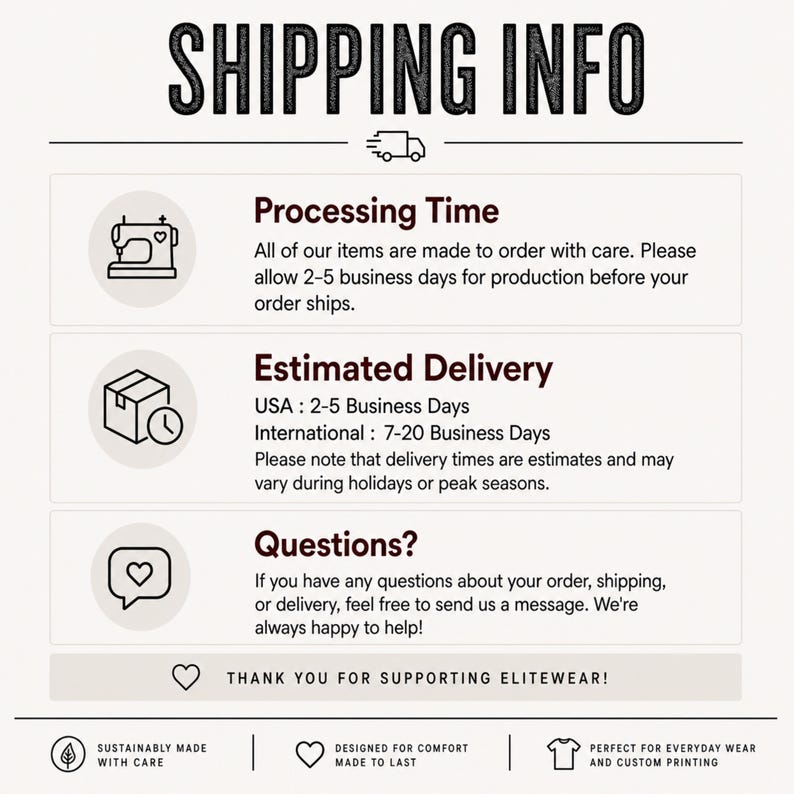 May include: An informational graphic titled SHIPPING INFO with three sections: Processing Time, Estimated Delivery, and Questions. Icons include a sewing machine, a box with a clock, and a speech bubble with a heart. Text details production and delivery timelines.