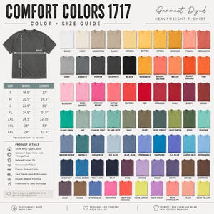 May include: A Comfort Colors 1717 garment-dyed heavyweight t-shirt color and size guide. The chart displays a wide variety of available fabric colors in a grid, alongside a table listing measurements in inches for sizes S through 4XL.