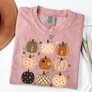 May include: A dusty rose t-shirt featuring a graphic print of nine pumpkins in various colors and patterns, including checkered, floral, and celestial designs. The shirt has a crew neckline and a Comfort Colors brand label at the inner collar.