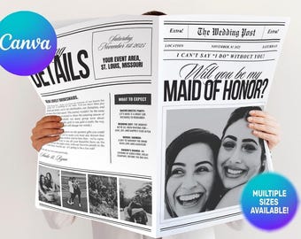 May include: A black and white newspaper-style card titled The Wedding Post with the text Will you be my MAID OF HONOR? The layout includes columns of text, a large photograph of two smiling people, and smaller photo inserts at the bottom.