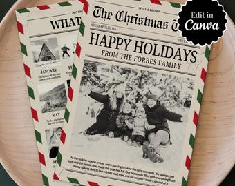 May include: A holiday newsletter template titled The Christmas Times with a red and green airmail border. The document features a black and white family photo, text sections for monthly updates, and a black circular badge that reads Edit in Canva.