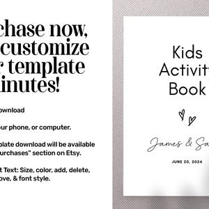 May include: A digital template for a Kids Activity Book featuring black text on a white background. The cover displays the title Kids Activity Book, two small hand-drawn hearts, the names James & Sarah in script font, and the date JUNE 20, 2024.