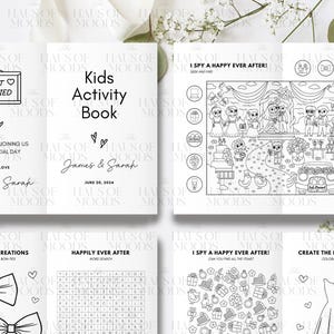 May include: A white kids activity book with black line art featuring wedding-themed coloring pages, word searches, and games. The cover displays the text Kids Activity Book, James & Sarah, and June 30, 2024, alongside illustrations of a wedding party.