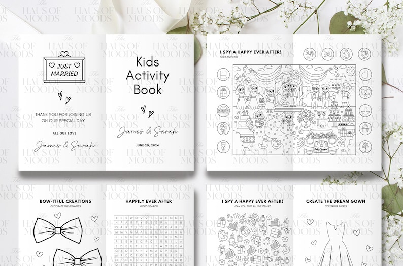 May include: A white kids activity book with black line art featuring wedding-themed coloring pages, word searches, and games. The cover displays the text Kids Activity Book, James & Sarah, and June 30, 2024, alongside illustrations of a wedding party.