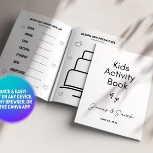 May include: A white kids activity book with black text reading Kids Activity Book, James & Sarah, and June 20, 2024. The open book shows a wedding word mix-up game and a cake coloring page with heart illustrations. A blue and purple circle contains text.