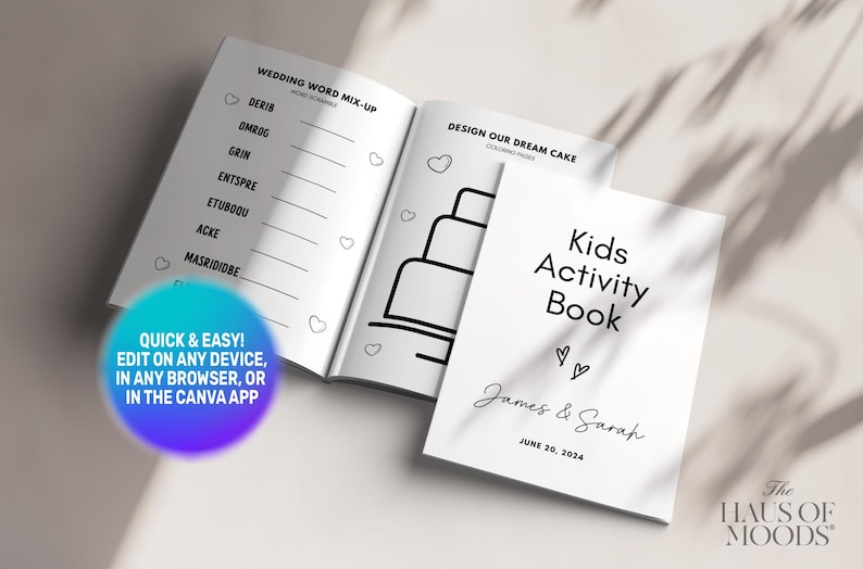 May include: A white kids activity book with black text reading Kids Activity Book, James & Sarah, and June 20, 2024. The open book shows a wedding word mix-up game and a cake coloring page with heart illustrations. A blue and purple circle contains text.