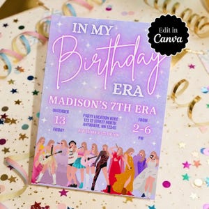 May include: A rectangular birthday invitation card with a purple gradient background and white star accents. The text reads IN MY BIRTHDAY ERA, MADISON'S 7TH ERA, and includes party details. At the bottom, a row of illustrated figures in various outfits.