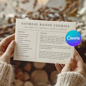 Op de afbeelding: Een rechthoekige witte receptenkaart met de titel Oatmeal Raisin Cookies met zwarte tekst die ingredi&euml;nten en instructies opsomt. De kaart bevat informatie over de baktijd en opbrengst, met een blauw rond Canva-logo aan de rechterkant.