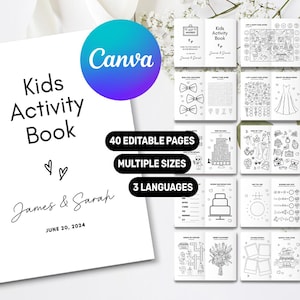 May include: A printable kids activity book with a white cover featuring the text Kids Activity Book, James & Sarah, and June 20, 2024. The set includes 40 editable pages with black and white illustrations, puzzles, and games for children.