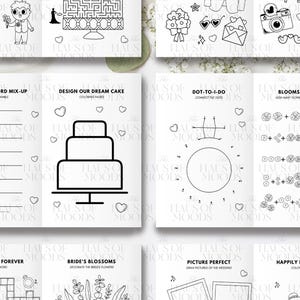 May include: A black and white wedding activity booklet featuring various pages with line art illustrations, including a wedding word mix-up, a three-tier cake to color, a dot-to-dot puzzle, flower counting games, and crossword puzzles.