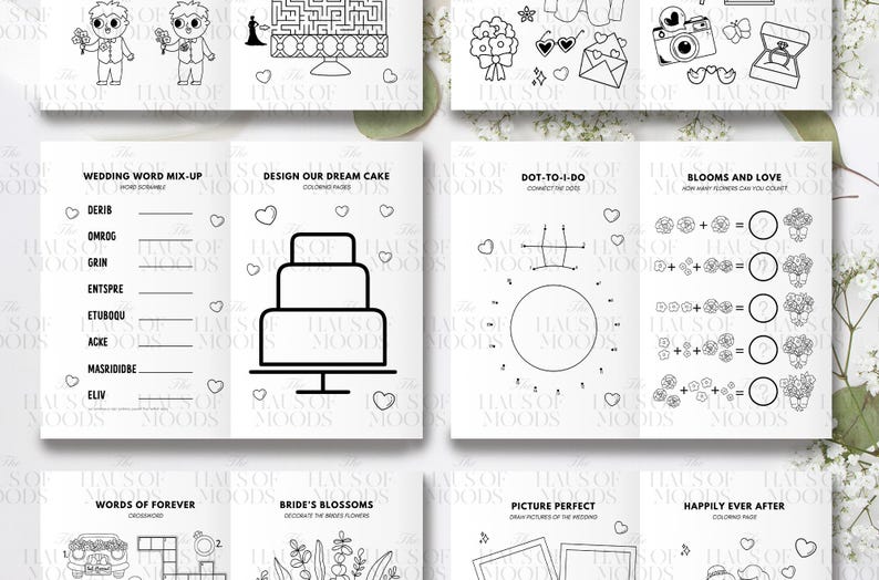 May include: A black and white wedding activity booklet featuring various pages with line art illustrations, including a wedding word mix-up, a three-tier cake to color, a dot-to-dot puzzle, flower counting games, and crossword puzzles.
