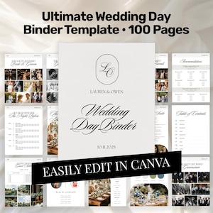 May include: A digital wedding day binder template featuring 100 pages with black text on a white background. The cover displays the text Ultimate Wedding Day Binder Template 100 Pages, Lauren & Owen, Wedding Day Binder, and 10.11.2025.