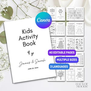 Pode incluir: Um livro de atividades infantil branco com texto preto lendo Kids Activity Book, James & Sarah e June 20, 2024. O conjunto inclui 40 páginas editáveis, vários tamanhos e 3 idiomas, com várias ilustrações de linhas em preto e branco.