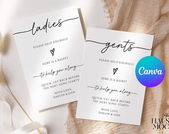 May include: Two white rectangular signs with black text. One sign reads ladies, please help yourself, here is a basket to help you along, quick, get back before the next song starts, with love, Daelin & Dan. The other sign reads gents with identical text.