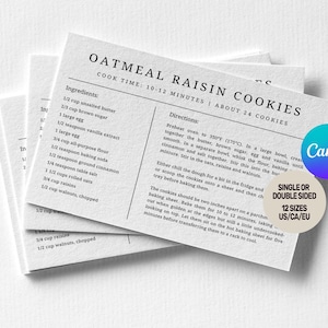 Op de afbeelding: Een witte receptenkaart voor havermout-rozijnenkoekjes met een ingredi&euml;ntenlijst en instructies. De tekst vermeldt een baktijd van 10-12 minuten en ongeveer 24 koekjes. Twee ronde badges bevatten de tekst Canva en Single or Double Sided 12 Sizes US/CA/EU.
