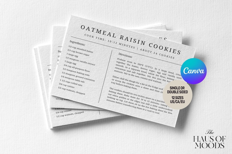 Op de afbeelding: Een witte receptenkaart voor havermout-rozijnenkoekjes met een ingredi&euml;ntenlijst en instructies. De tekst vermeldt een baktijd van 10-12 minuten en ongeveer 24 koekjes. Twee ronde badges bevatten de tekst Canva en Single or Double Sided 12 Sizes US/CA/EU.