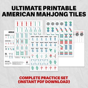 May include: A printable set of American Mahjong tiles displayed on multiple sheets. The tiles feature bamboo, character, dot, wind, dragon, flower, and joker designs in red, green, and blue ink. The text reads ULTIMATE PRINTABLE AMERICAN MAHJONG TILES.