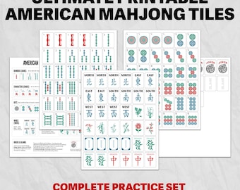 May include: A printable set of American Mahjong tiles displayed on multiple sheets. The tiles feature bamboo, character, dot, wind, dragon, flower, and joker designs in red, green, and blue ink. The text reads ULTIMATE PRINTABLE AMERICAN MAHJONG TILES.