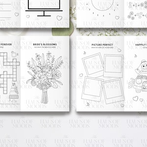 May include: A wedding-themed activity book featuring black and white line art pages. Sections include Words of Forever crossword, Bride's Blossoms flower illustration, Picture Perfect photo frames, and a Happily Ever After coloring page.