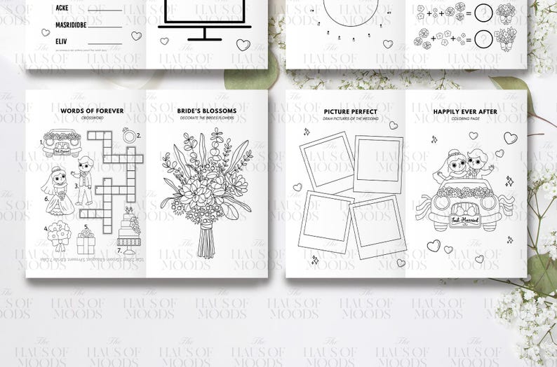 May include: A wedding-themed activity book featuring black and white line art pages. Sections include Words of Forever crossword, Bride's Blossoms flower illustration, Picture Perfect photo frames, and a Happily Ever After coloring page.