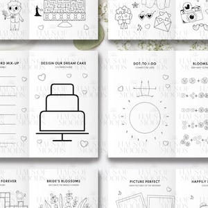 May include: A black and white wedding activity booklet featuring various games and coloring pages. Sections include Wedding Word Mix-Up, Design Our Dream Cake, Dot-To-I-Do, Blooms and Love, Words of Forever, Bride's Blossoms, Picture Perfect, and Happily Ever After.