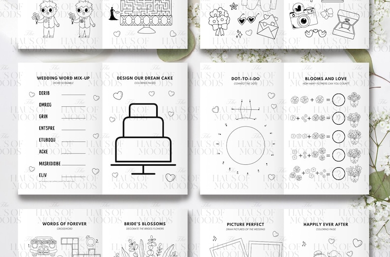 May include: A black and white wedding activity booklet featuring various games and coloring pages. Sections include Wedding Word Mix-Up, Design Our Dream Cake, Dot-To-I-Do, Blooms and Love, Words of Forever, Bride's Blossoms, Picture Perfect, and Happily Ever After.