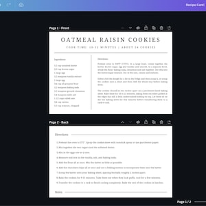 Op de afbeelding: Een digitaal receptenkaartsjabloon getiteld Oatmeal Raisin Cookies. De voorzijde bevat ingredi&euml;nten en instructies, terwijl de achterzijde genummerde stappen toont. Het ontwerp heeft zwarte tekst op een witte achtergrond met een strakke lay-out.