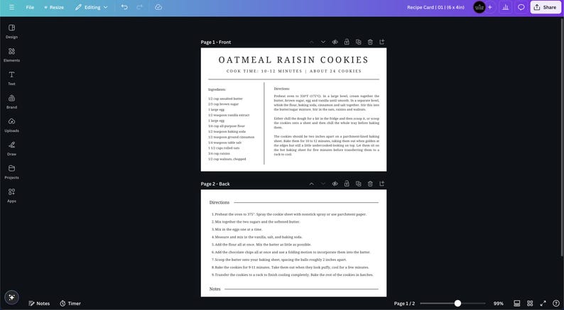 Op de afbeelding: Een digitaal receptenkaartsjabloon getiteld Oatmeal Raisin Cookies. De voorzijde bevat ingredi&euml;nten en instructies, terwijl de achterzijde genummerde stappen toont. Het ontwerp heeft zwarte tekst op een witte achtergrond met een strakke lay-out.