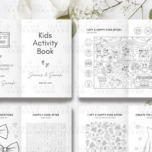 May include: A white kids activity book with black line art featuring wedding-themed coloring pages, word searches, and games. The cover displays the text Kids Activity Book, James & Sarah, and June 30, 2024, alongside illustrations of a wedding party.