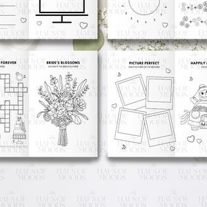 May include: A wedding-themed activity book featuring black and white line art pages. Sections include a crossword puzzle titled Words of Forever, a bouquet coloring page, a Picture Perfect photo frame drawing page, and a Happily Ever After page.