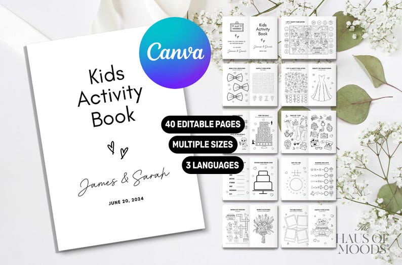 May include: A white activity book for children with black text reading Kids Activity Book, James & Sarah, and June 20, 2024. The book features 40 editable pages, multiple sizes, and 3 languages, with various black and white coloring pages.