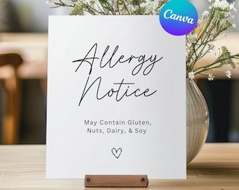 Minimalist Allergy Notice Sign Printable, Wedding Table Decor (Canva Template)