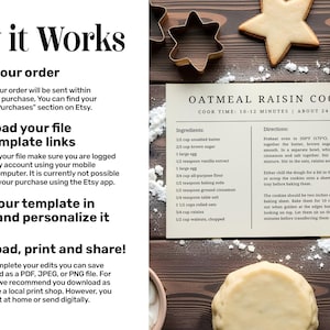 Op de afbeelding: Een instructieve afbeelding getiteld How it Works met vier genummerde stappen voor het bestellen en bewerken van een digitaal sjabloon. Daarnaast ligt een receptkaart voor Oatmeal Raisin Cookies op een houten ondergrond met koekjesvormen.