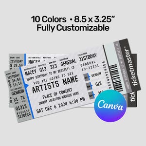 May include: A customizable event ticket measuring 8.5 by 3.25 inches with black text on a light gray background. The ticket features fields for artist name, concert location, date, time, and seat information, along with a barcode and the Ticketmaster logo.