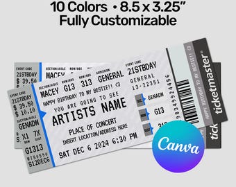 May include: A customizable event ticket measuring 8.5 by 3.25 inches with black text on a light gray background. The ticket features fields for artist name, concert location, date, time, and seat information, along with a barcode and the Ticketmaster logo.