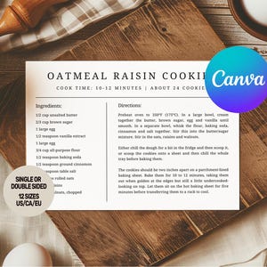 Op de afbeelding: Een witte receptenkaart met de titel OATMEAL RAISIN COOKIES met ingredi&euml;nten en instructies. De kaart bevat de tekst COOK TIME: 10-12 MINUTES | ABOUT 24 COOKIES, SINGLE OR DOUBLE SIDED, 12 SIZES US/CA/EU en een blauw Canva-logo.