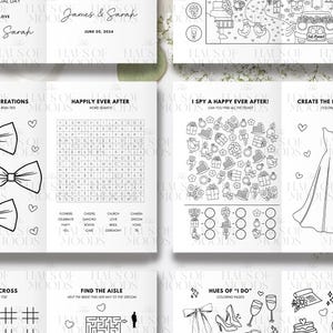 May include: A wedding-themed activity booklet for children featuring black and white line art. Pages include a word search, a maze, a tic-tac-toe game, and coloring sections with illustrations of bow ties, a wedding dress, and various celebration icons.