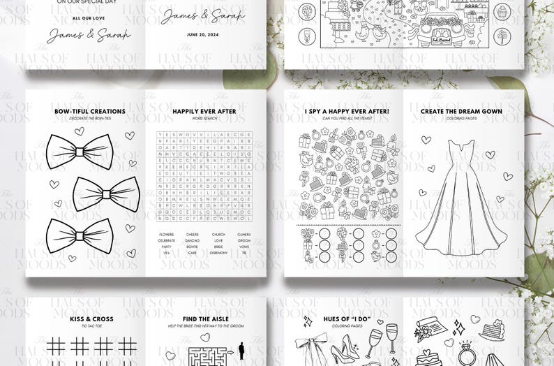 May include: A wedding-themed activity booklet for children featuring black and white line art. Pages include a word search, a maze, a tic-tac-toe game, and coloring sections with illustrations of bow ties, a wedding dress, and various celebration icons.