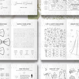 May include: A wedding-themed activity booklet for children featuring black and white line art. Pages include a word search, a maze, a tic-tac-toe game, and coloring sections with illustrations of bow ties, a wedding dress, and various celebration icons.