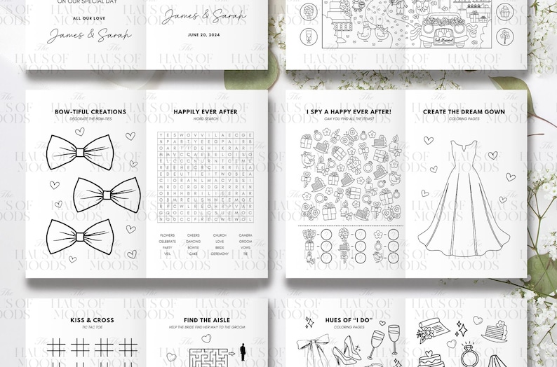 May include: A wedding-themed activity booklet for children featuring black and white line art. Pages include a word search, a maze, a tic-tac-toe game, and coloring sections with illustrations of bow ties, a wedding dress, and various celebration icons.
