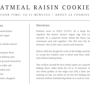 Op de afbeelding: Een receptkaart getiteld Oatmeal Raisin Cookies met een baktijd van 10-12 minuten voor ongeveer 24 koekjes. Het bevat ingredi&euml;nten zoals boter, bruine suiker, eieren, vanille, bloem, bakpoeder, kaneel, zout, havermout, rozijnen en walnoten met instructies.