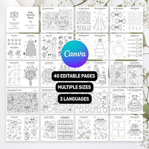 May include: A collection of 40 editable wedding-themed kids activity book pages featuring black and white line art illustrations, mazes, word games, and coloring activities. The pages include text such as 40 EDITABLE PAGES, MULTIPLE SIZES, and 3 LANGUAGES.